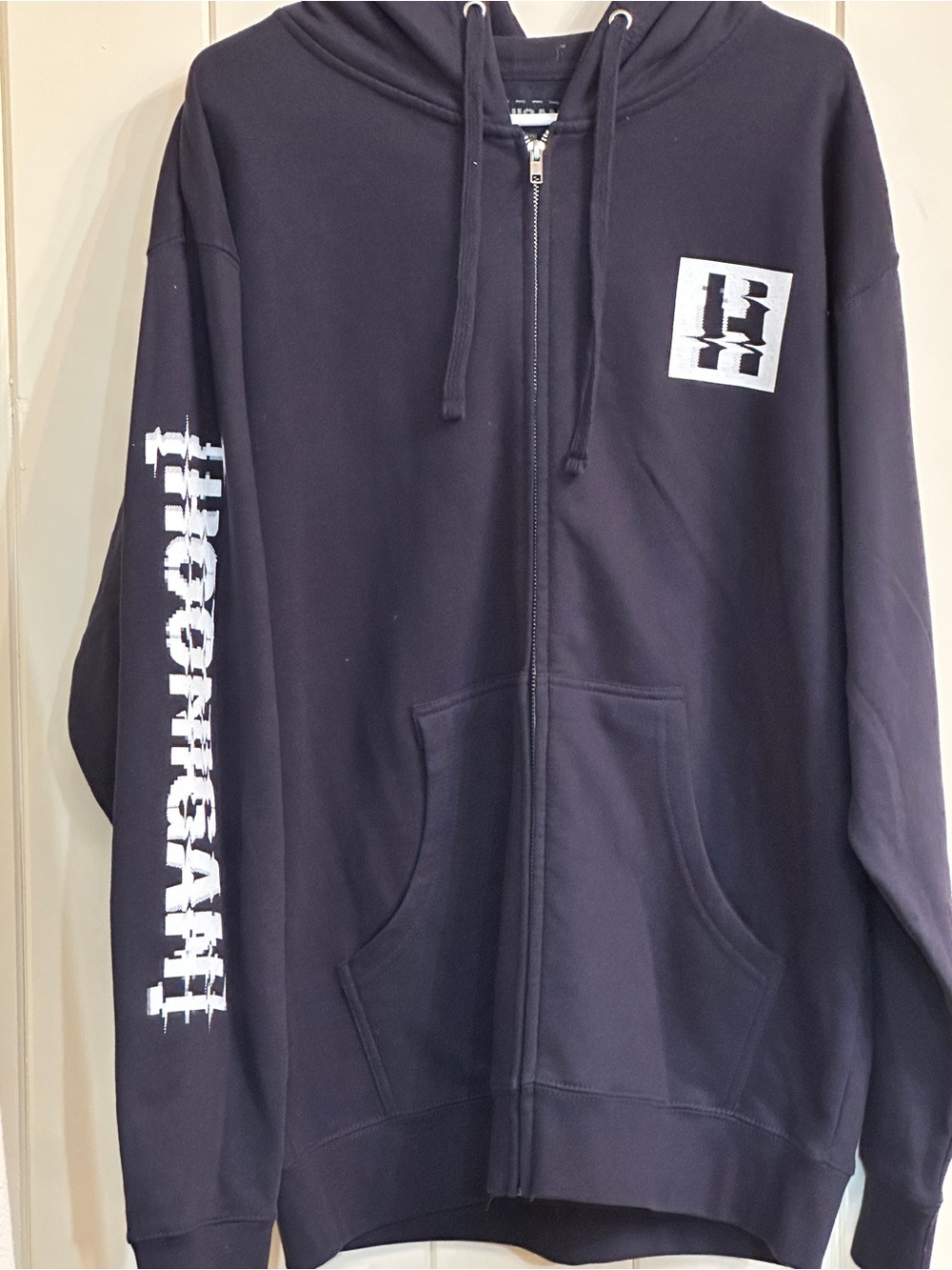 Men's Black Full-Zip Hoodie with White Chest Logo and Sleeve Text - Picture 2 of 5